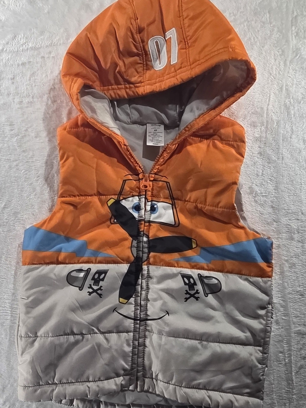 Disney Planes Dusty Hooded Insulated Full Zip Puffer Vest 4T Orange/Gray -0123